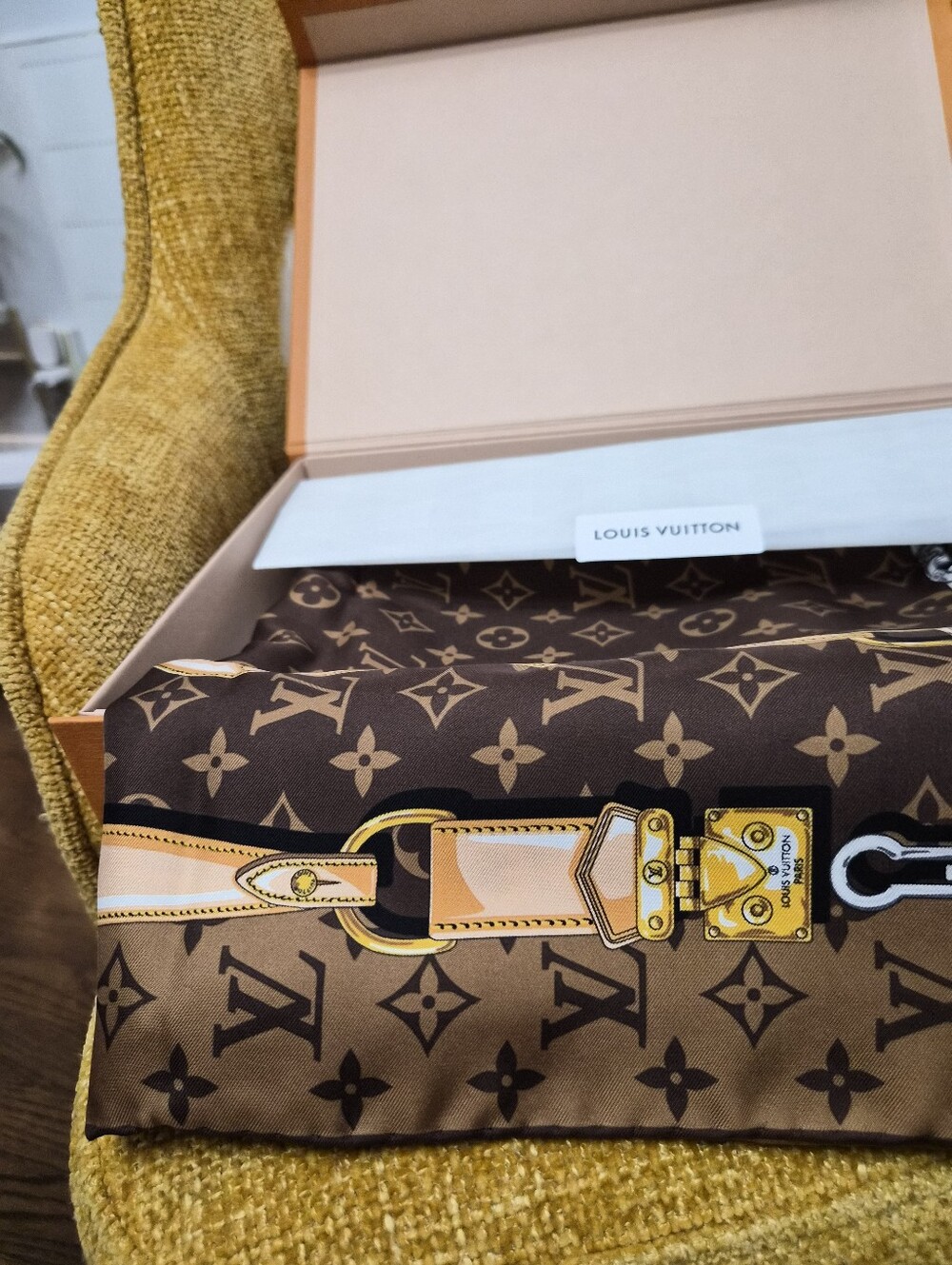 Louis Vuitton Brown & Tan Monogram Silk Scarf with Gold Accents - Picture 6 of 7